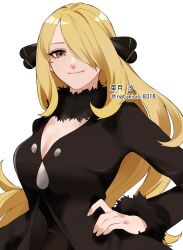 Rule 34 | 1girl, black coat, black pants, black shirt, blonde hair, breasts, brown eyes, cleavage, closed mouth, coat, commentary request, creatures (company), cynthia (pokemon), fur-trimmed coat, fur collar, fur trim, game freak, hair ornament, hair over one eye, hand on own hip, highres, light smile, long hair, long sleeves, looking at viewer, medium breasts, natsuki shio, nintendo, one eye covered, pants, pokemon, pokemon dppt, shirt, sidelocks, solo, swept bangs, twitter username, upper body, v-neck, very long hair, white background