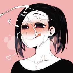 Rule 34 | 1other, ambiguous gender, black hair, blush, closed mouth, collarbone, commentary request, cum, facial, heart, in (ain), korean commentary, licking lips, medium hair, original, pink background, ponytail, red eyes, sidelocks, simple background, smile, solo, tongue, tongue out