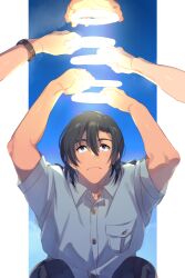 Rule 34 | 1boy, arms up, black hair, blue background, blue shirt, breast pocket, date wataru, echo (circa), facial hair, frown, glowing, glowing halo, hagiwara kenji, hair between eyes, halo, holding, holding halo, looking at another, looking up, male focus, matsuda jinpei, meitantei conan, out of frame, outside border, pocket, police, police uniform, purple eyes, scotch (meitantei conan), shirt, short hair, short sleeves, solo focus, stubble, symbolism, uniform, upper body, watch, wristwatch
