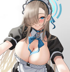 Rule 34 | 1girl, asuna (blue archive), blonde hair, blue archive, blue bow, blue bowtie, blue eyes, blush, bow, bowtie, breasts, choker, cleavage, detached collar, fujioni, grin, hair over one eye, halo, highres, large breasts, long hair, looking at viewer, maid, maid headdress, mole, mole on breast, parted lips, puffy short sleeves, puffy sleeves, short sleeves, smile, solo, teeth, upper body, very long hair
