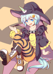 Rule 34 | 1girl, alternate costume, animal ears, black cape, black hat, blue eyes, blue hair, blush, boots, brown footwear, cape, choker, full body, hair ornament, hand up, harisenbon chop, hat, horse ears, horse girl, horse tail, knees up, looking at viewer, orange pantyhose, pantyhose, seiun sky (umamusume), short hair, sitting, solo, striped clothes, striped pantyhose, tail, umamusume, wide sleeves, witch hat