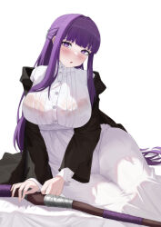 Rule 34 | 1girl, absurdres, black coat, blunt bangs, blush, bralines, breasts, coat, dress, fern (sousou no frieren), highres, large breasts, long hair, long sleeves, looking at viewer, open clothes, open coat, open mouth, purple eyes, purple hair, sidelocks, solo, sousou no frieren, staff, white dress, xiiinaam 98