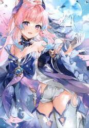 Rule 34 | 1girl, :o, absurdres, bare shoulders, blue hair, bow, bow-shaped hair, breasts, cleavage, collarbone, detached collar, frilled sleeves, frills, genshin impact, gloves, highres, long hair, looking at viewer, midriff, multicolored hair, open mouth, pink hair, purple eyes, sangonomiya kokomi, scan, short shorts, shorts, solo, soraneko hino, thighhighs, two-tone hair, water, white gloves, white shorts, white thighhighs