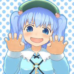 Rule 34 | 1girl, blue eyes, blue hair, blush, female focus, gesture, hair bobbles, hair ornament, hat, kawashiro nitori, key, looking at viewer, matching hair/eyes, monosenbei, open mouth, polka dot, polka dot background, short hair, smile, solo, touhou, twintails, two side up, upper body