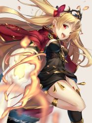 Rule 34 | 1girl, :d, absurdres, asymmetrical legwear, beige background, between breasts, black dress, black thighhighs, blonde hair, breasts, cape, commentary request, detached collar, dress, earrings, ereshkigal (fate), fate/grand order, fate (series), highres, infinity symbol, jewelry, long hair, looking at viewer, medium breasts, necklace, open mouth, parted bangs, red cape, red eyes, renka (renkas), sideboob, single thighhigh, skull, smile, solo, spine, teeth, thighhighs, tohsaka rin, two side up, uneven legwear, upper teeth only