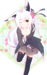 Rule 34 | 1girl, animal ears, black thighhighs, coat, finger to mouth, flower, fox ears, fox tail, hair flower, hair ornament, hair ribbon, highres, looking at viewer, nagishiro mito, one eye closed, original, patterned background, ribbon, shushing, skirt, smile, solo, square, tail, thighhighs, white background