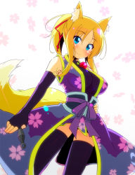 Rule 34 | 10s, 1girl, animal ears, blonde hair, blue eyes, blush, breasts, dog days, fingerless gloves, fox ears, fox tail, gloves, hand on own hip, hip focus, japanese clothes, kunai, looking at viewer, short hair, smile, solo, sw (taco), tail, thighhighs, weapon, yukikaze panettone