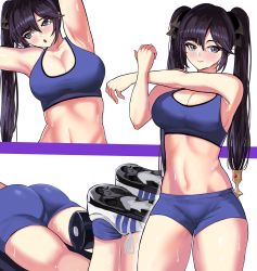Rule 34 | 1girl, absurdres, alternate costume, ass, bare shoulders, black hair, breasts, cameltoe, exercising, from behind, genshin impact, green eyes, hair ornament, hair ribbon, highres, large breasts, long hair, looking at viewer, loooyd, mona (genshin impact), multiple views, open mouth, ribbon, shiny skin, short shorts, shorts, smile, sports bra, sweat, thighs, twintails, very long hair