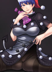 Rule 34 | 1girl, ayakumo, black dress, black pantyhose, blue eyes, blue hair, breasts, clothes lift, doremy sweet, dress, dress lift, female focus, hat, highres, large breasts, licking lips, looking at viewer, matching hair/eyes, multicolored clothes, multicolored dress, nightcap, panties, panties under pantyhose, pantyhose, simple background, solo, thighband pantyhose, tongue, tongue out, touhou, underwear, white dress