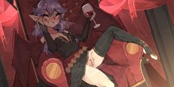 Rule 34 | 1girl, bare shoulders, bat wings, belt, black dress, breasts, cleavage, collarbone, commission, cup, dress, drinking glass, female focus, grin, hand on own face, highres, leg up, no panties, no shoes, original, pointy ears, purple hair, pussy, red eyes, shuuko (s h uuko), sitting, smile, solo, stirrup legwear, thighhighs, throne, toeless legwear, toes, vampire, wine glass, wings
