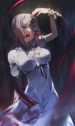 Rule 34 | 1girl, absurdres, arm up, black ribbon, blood, blood in hair, blood on clothes, blood on face, breasts, breasts apart, collared dress, dress, fate/stay night, fate (series), gilgamesh (fate), hair between eyes, hair ribbon, highres, long dress, long hair, matou sakura, medium breasts, open mouth, purple eyes, purple hair, rain, red ribbon, rei no himo, ribbon, shigure (shigure 43), short sleeves, solo, standing, straight hair, white dress, wing collar