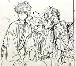 Rule 34 | 1girl, 2boys, bandage over one eye, chiemon (fate), closed mouth, cup, drink, fate/samurai remnant, fate (series), greyscale, highres, holding, holding cup, holding drink, japanese clothes, kimono, long sleeves, looking at viewer, miyamoto iori (fate), monochrome, multiple boys, notice lines, ponytail, short hair, simple background, sketch, sweat, wataru rei, yui shousetsu (fate)
