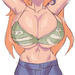 Rule 34 | 1girl, breasts, cleavage, highres, huge breasts, long hair, nami (one piece), nyabeyo, one piece, solo