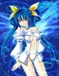 Rule 34 | 1girl, arc system works, bad anatomy, bare shoulders, blue hair, blush, bodysuit, clothing cutout, collarbone, dizzy (guilty gear), guilty gear, hair ribbon, lowres, navel, navel cutout, poorly drawn, red eyes, ribbon, smile, solo