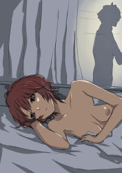 Rule 34 | 10s, 1girl, :&lt;, aldnoah.zero, bed, bed sheet, breasts, brown eyes, brown hair, chikuwa udon, curtains, head on hand, lying, nipples, nude, on side, rayet areash, red eyes, red hair, short hair, silhouette