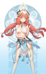Rule 34 | 1girl, aqua eyes, arm under breasts, armlet, bare arms, bare legs, bare shoulders, blunt bangs, blush, breasts, brooch, circlet, cleavage, commentary request, crop top, dancer, feet out of frame, floating hair, forehead jewel, genshin impact, gold trim, gradient background, grin, hand up, harem outfit, highres, horns, jewelry, long hair, low twintails, medium breasts, neck ring, nilou (genshin impact), parted bangs, pelvic curtain, red hair, revealing clothes, sidelocks, skindentation, skirt, smile, solo, stomach, thighlet, thighs, twintails, veil, vision (genshin impact), white background, wuyi p