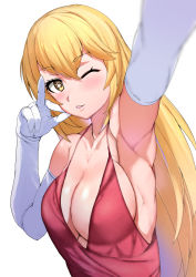 Rule 34 | 1girl, ;), arm up, armpits, blonde hair, breasts, cleavage, collarbone, dress, elbow gloves, fingers to cheek, gloves, hair between eyes, large breasts, light blush, long hair, looking at viewer, one eye closed, open mouth, outstretched arm, red dress, selfie, shokuhou misaki, sikijou77o, sleeveless, sleeveless dress, smile, solo, sparkling eyes, toaru kagaku no mental out, toaru kagaku no railgun, toaru majutsu no index, upper body, white background, white gloves
