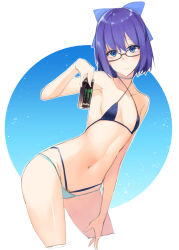 Rule 34 | 1girl, a-chan (hololive), bikini, blue background, blue eyes, blue hair, blush, bow, breasts, can, closed mouth, collarbone, cowboy shot, cropped legs, drink, glasses, hair bow, holding, holding can, holding drink, hololive, kurokuro, looking at viewer, midriff, monster energy, multi-strapped bikini, navel, short hair, small breasts, smile, solo, swimsuit, thighs, virtual youtuber