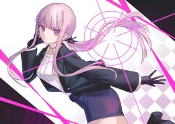 Rule 34 | 1girl, anui, black gloves, black jacket, black ribbon, collared shirt, commentary request, danganronpa (series), danganronpa 3 (anime), from side, gloves, hair ribbon, hand up, highres, jacket, kirigiri kyoko, long hair, long sleeves, multicolored background, official alternate hairstyle, open clothes, open jacket, pink eyes, ponytail, purple skirt, ribbon, shirt, skirt, solo, white shirt