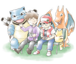 Rule 34 | 1990s (style), 2boys, arm up, baseball cap, bench, blastoise, blue oak, blue oak (pokemon rgby), boots, brown hair, charizard, closed eyes, creatures (company), game boy, game boy (original), game freak, gen 1 pokemon, handheld game console, hat, multiple boys, nintendo, official style, pikachu, playing games, pokemon, pokemon (creature), pokemon rgby, red (pokemon), retro artstyle, shoes, simple background, sitting, sneakers, spiked hair, white background