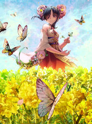 Rule 34 | 1girl, bad id, bad pixiv id, black hair, blue sky, brown eyes, bug, butterfly, butterfly on hand, day, detached sleeves, field, floating hair, flower, flower field, hair flower, hair ornament, hair over one eye, highres, insect, long hair, long skirt, outdoors, pink flower, red skirt, shadowverse, skirt, sky, solo, standing, yasu8hasu, yellow flower