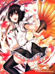 Rule 34 | 1girl, :d, autumn leaves, black hair, black ribbon, black skirt, black thighhighs, breasts, commentary request, feet out of frame, foreshortening, hair between eyes, hand fan, hat, holding, holding fan, koissa, leaf fan, looking at viewer, medium breasts, miniskirt, neck ribbon, open mouth, partial commentary, petticoat, pom pom (clothes), puffy short sleeves, puffy sleeves, red eyes, ribbon, shameimaru aya, shirt, short hair, short sleeves, skirt, smile, solo, tassel, thighhighs, thighs, tokin hat, touhou, white shirt, zettai ryouiki