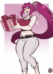 Rule 34 | 1girl, ^ ^, absurdres, birthday, blush, border, box, breasts, camisole, capri pants, closed eyes, commentary, commission, curvy, english commentary, feet out of frame, gift, gift box, gradient background, groin, hair intakes, hair ribbon, highres, holding, large breasts, long hair, midriff, navel, nose blush, outside border, pants, pants rolled up, ponytail, purple hair, red camisole, ribbon, scruffyturtles, second-party source, smile, solo, teeth, thick thighs, thighs, under night in-birth, upper teeth only, very long hair, white border, white ribbon, yuzuriha (under night in-birth)