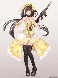 Rule 34 | 1girl, absurdres, bare shoulders, black bow, blunt bangs, boots, bow, breasts, brown footwear, cleavage, closed mouth, collarbone, colt 9mm smg, cosplay, cross-laced footwear, date a live, detached sleeves, dress, frilled dress, frilled sleeves, frills, full body, garter straps, girls&#039; frontline, grey background, gun, hair ribbon, hand on own hip, heterochromia, highres, holding, holding gun, holding weapon, lace-up boots, layered dress, lolita fashion, long hair, long sleeves, look-alike, looking at viewer, medium breasts, neck garter, neck ribbon, npt shizuka, pigeon-toed, pinky out, ribbon, ro635 (girls&#039; frontline), simple background, sleeveless, sleeveless dress, smile, solo, standing, submachine gun, thigh boots, thigh gap, thighhighs, tokisaki kurumi, tokisaki kurumi (cosplay), twintails, twitter username, weapon, yellow bow, yellow dress, yellow ribbon
