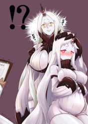 Rule 34 | !?, 10s, 2girls, abyssal ship, blush, breasts, claws, cleavage, detached sleeves, dress, covered erect nipples, grin, heart, heart-shaped pupils, highres, horns, huge breasts, kantai collection, large breasts, long hair, looking at viewer, multiple girls, pale skin, pregnant, red eyes, ribbed dress, ribbed legwear, sap, seaport princess, seaport water oni, short dress, sideboob, single horn, smile, symbol-shaped pupils, thighhighs, trembling, very long hair, white dress, white hair, white legwear, yellow eyes, zettai ryouiki