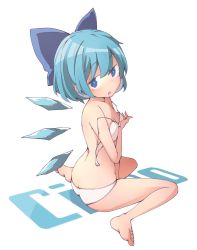 Rule 34 | 1girl, :o, blue bow, blue eyes, blue hair, bow, bra, breasts, cirno, fairy wings, feet, full body, hair bow, highres, ice, ice wings, jagabutter, looking at viewer, panties, simple background, sitting, small breasts, solo, touhou, underwear, undressing, wariza, white background, white panties, wings