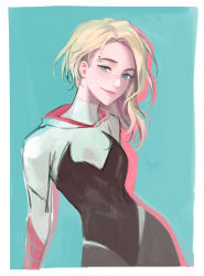 Rule 34 | 1girl, absurdres, blonde hair, blue eyes, bodysuit, closed mouth, eyebrow piercing, gogongoo, gwen stacy, highres, looking at viewer, marvel, multicolored hair, piercing, raised eyebrow, short hair, smile, spider-gwen, spider-man: across the spider-verse, spider-man (series), spider-verse