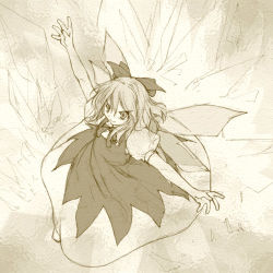 Rule 34 | 1girl, bow, cirno, dress, fairy wings, female focus, hair bow, kasuga yukihito, lowres, monochrome, solo, embodiment of scarlet devil, touhou, wings, yellow theme