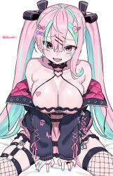 Rule 34 | 1girl, aqua hair, artist name, bare shoulders, black jacket, bow, breast tattoo, breasts, chrono ark, cleavage, cross, cross earrings, earrings, fishnet thighhighs, fishnets, hair between eyes, hair bow, hair ornament, hairclip, heart, heart tattoo, highres, jacket, jewelry, large breasts, long hair, long sleeves, looking at viewer, momori (chrono ark), multicolored hair, multicolored nails, nail polish, pink eyes, pink hair, red nails, ring, shisoneri, simple background, sitting, solo, star sticker, sticker on face, tattoo, thighhighs, twintails, twitter username, two-tone hair, white background