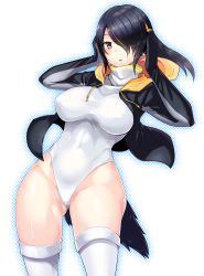 Rule 34 | 10s, 1girl, black hair, breasts, brown eyes, covered navel, emperor penguin (kemono friends), gluteal fold, hair over one eye, highres, hood, hooded jacket, jacket, kemono friends, large breasts, leotard, looking at viewer, solo, tail, thighhighs, tsukasa (evening-g-low), white thighhighs
