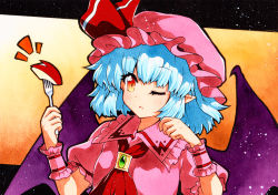 Rule 34 | 1girl, ;o, apple rabbit, ascot, bad id, bad pixiv id, bat wings, blue hair, food, food art, fork, green brooch, hat, hat ribbon, holding, holding fork, mob cap, one eye closed, open mouth, pink hat, pink shirt, pointy ears, puffy short sleeves, puffy sleeves, qqqrinkappp, red ascot, red eyes, red ribbon, remilia scarlet, ribbon, shirt, short hair, short sleeves, solo, touhou, traditional media, upper body, wings, wrist cuffs