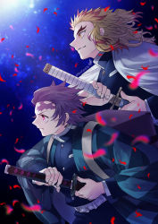 Rule 34 | 2boys, belt, belt buckle, black jacket, black pants, blonde hair, box, buckle, buttons, cape, closed mouth, commentary request, crossed arms, dark background, feet out of frame, forked eyebrows, from side, haori, highres, jacket, japanese clothes, kamado tanjirou, katana, kimetsu no yaiba, leaf, long hair, long sleeves, looking to the side, male focus, multicolored hair, multiple boys, pants, petals, ponytail, red hair, remsor076, rengoku kyoujurou, scabbard, sheath, sheathed, signature, smile, sword, twitter username, two-tone hair, uniform, weapon, white belt, white cape, yellow eyes