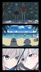Rule 34 | 2boys, 3koma, 6+girls, :d, absurdres, ahoge, aiming, alternate costume, animal ear fluff, animal ears, aqua jacket, doodle sensei (blue archive), ayane (blue archive), ayane (swimsuit) (blue archive), backpack, bag, beach, bikini, black bikini, black hair, black one-piece swimsuit, blue archive, blue eyes, blue sky, blurry, breasts, brown hair, cat ears, cat girl, cleavage, cloud, cloudy sky, coconut tree, comic, commentary request, competition swimsuit, cross hair ornament, depth of field, firing, grey hair, hair between eyes, hair bobbles, hair ornament, halo, hat, highres, holding, holding water gun, hood, hooded jacket, horizon, hoshino (blue archive), hoshino (swimsuit) (blue archive), jacket, long hair, long sleeves, low ponytail, low twintails, medium breasts, mismatched pupils, multiple boys, multiple girls, navel, nonomi (blue archive), nonomi (swimsuit) (blue archive), ocean, official alternate costume, one-piece swimsuit, open mouth, palm tree, parted lips, phrenapates (blue archive), pink hair, pointy ears, poko (user rjdg5478), sensei (blue archive), serika (blue archive), serika (swimsuit) (blue archive), shade, shiroko (blue archive), shiroko (swimsuit) (blue archive), shiroko terror (blue archive), short hair, sidelocks, silent comic, sitting, sky, sleeveless, smile, standing, stomach, sun hat, swimsuit, tree, twintails, walking, water gun, white jacket, wolf ears, wolf girl