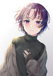 Rule 34 | 1girl, alternate hair length, alternate hairstyle, black sweater, earrings, gradient background, hair intakes, highres, jewelry, kazuno leah, long sleeves, looking at viewer, love live!, love live! sunshine!!, necklace, parted lips, purple hair, rama (yu-light8), red eyes, short hair, sleeves past wrists, solo, sweater, turtleneck, turtleneck sweater, upper body, white background