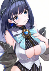 Rule 34 | 1girl, absurdres, bad id, bad pixiv id, blue eyes, blue hair, blush, breasts, chain, chain headband, cleavage cutout, closed mouth, clothing cutout, earrings, hair intakes, hand on own chest, head chain, highres, hololive, hololive english, jewelry, kawa683, large breasts, ouro kronii, ouro kronii (1st costume), ribbon earrings, simple background, virtual youtuber, white background