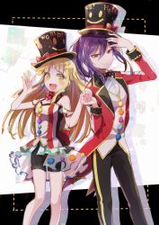 Rule 34 | 2girls, :d, bang dream!, black headwear, black neckwear, black pants, black shorts, blonde hair, bow, bowtie, clothes writing, clothing cutout, drop shadow, earrings, frills, group name, hair between eyes, hand on own head, hand up, hat, hat bow, holding hands, jacket, jewelry, long hair, long sleeves, looking at viewer, makino (727me727), multiple girls, open mouth, overskirt, pants, polka dot neckwear, pom pom (clothes), ponytail, purple hair, red bow, red eyes, red jacket, red neckwear, seta kaoru, shirt, short shorts, shorts, shoulder cutout, sidelocks, smile, smiley face, striped clothes, striped shirt, top hat, tsurumaki kokoro, white shirt, yellow eyes
