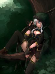 Rule 34 | 1girl, arrow (projectile), blue eyes, bow (weapon), cleavage cutout, cloak, clothing cutout, fingerless gloves, fuuka (sennen sensou aigis), garter straps, gloves, highres, hood, hooded cloak, in tree, looking away, sennen sensou aigis, sitting, sitting in tree, solo, thighhighs, tree, usuki (graygreed), weapon, white hair