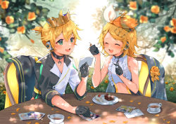 Rule 34 | 1boy, 1girl, blonde hair, blue eyes, blurry, brother and sister, cake, commentary request, dappled sunlight, depth of field, eating, food, hair ornament, hairclip, headset, kagamine len, kagamine rin, kyashii (a3yu9mi), midriff peek, morning, open mouth, outdoors, short hair, siblings, smile, sunlight, table, teeth, twins, vocaloid