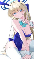 Rule 34 | 1girl, absurdres, aqua bow, aqua bowtie, bare shoulders, blonde hair, blue archive, blue bow, blue eyes, blue halo, blue necktie, blunt bangs, blush, bow, bowtie, braid, breasts, cleavage, collar, commentary, covered navel, detached collar, earpiece, earrings, french braid, hair bow, halo, hand up, highres, ichiki 1, jewelry, leotard, long hair, looking at viewer, medium breasts, necktie, playboy bunny, simple background, sitting, smile, solo, strapless, strapless leotard, stud earrings, thighhighs, toki (blue archive), toki (bunny) (blue archive), v, wariza, white background, white collar, white thighhighs, white wrist cuffs, wrist cuffs