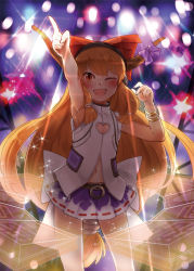 Rule 34 | 1girl, ;d, arm up, blonde hair, blush, bow, bracelet, brown eyes, hair bow, hair ribbon, headset, heart cutout, holographic keyboard, horns, ibuki suika, jewelry, large bow, long hair, looking at viewer, low-tied long hair, navel, nishiuri, one eye closed, open mouth, orange hair, pointing, pointing up, ribbon, ribbon-trimmed skirt, ribbon trim, skirt, slit pupils, smile, solo, stage, stage lights, touhou, tress ribbon, very long hair