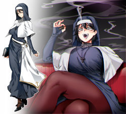 Rule 34 | 1girl, black hair, book, breasts, capelet, chromatic aberration, crossed legs, dress, female focus, habit, high heels, highres, jewelry, large breasts, mary janes, necklace, nikubou maranoshin, nun, open mouth, original, pantyhose, shoes, sitting, smoke, smoking, solo