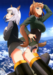 Rule 34 | 10s, 2girls, absurdres, animal ears, ass, black panties, blue eyes, blush, brave witches, cloud, corset, day, edytha rossmann, flying, gundula rall, hand on own hip, highres, impossible clothes, lips, long sleeves, looking at viewer, military, military uniform, mountain, multiple girls, no pants, official art, orange hair, panties, parted lips, red eyes, ribbon, scan, short hair, sidelocks, silver hair, sky, smile, striker unit, tail, underwear, uniform, vest, white panties, world witches series