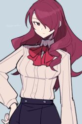 Rule 34 | 1girl, black skirt, brown eyes, buttons, closed mouth, commentary request, do m kaeru, drill hair, gekkoukan high school uniform, grey background, hair over one eye, hand on own hip, kirijou mitsuru, long hair, long sleeves, looking at viewer, neck ribbon, one eye covered, persona, persona 3, red hair, red ribbon, ribbon, school uniform, shirt, simple background, skirt, smile, solo, twitter username, white shirt