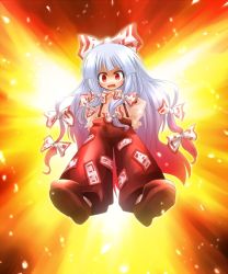 Rule 34 | 1girl, armband, blunt bangs, blush, bow, brown footwear, female focus, fiery background, fiery wings, fire, fujiwara no mokou, hair bow, hands on own hips, kso, long hair, long sleeves, looking at viewer, multiple hair bows, ofuda, open mouth, pants, perspective, red eyes, shirt, shoe soles, shoes, sidelocks, solo, suspenders, touhou, very long hair, white hair, white shirt, wings