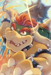 Rule 34 | 1boy, agisato, ball and chain (weapon), blurry, bowser, bracelet, claws, collar, depth of field, fangs, fingernails, furrowed brow, green scales, highres, incoming attack, jewelry, male focus, mario (series), nintendo, red eyes, red hair, sharp fingernails, sharp teeth, signature, sparkle, spiked ball and chain, spiked bracelet, spiked collar, spiked shell, spikes, super mario rpg, teeth, yellow scales