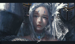 Rule 34 | 1girl, armor, blue eyes, chainmail, choker, facial mark, feathers, forehead mark, ghostblade, helmet, knight, lips, lipstick, makeup, parted lips, pointy ears, red lips, silver hair, solo focus, tears, wlop